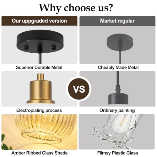 2 Pack Pendant Lights with Vintage Amber Ribbed Glass Lampshade (2 Count)