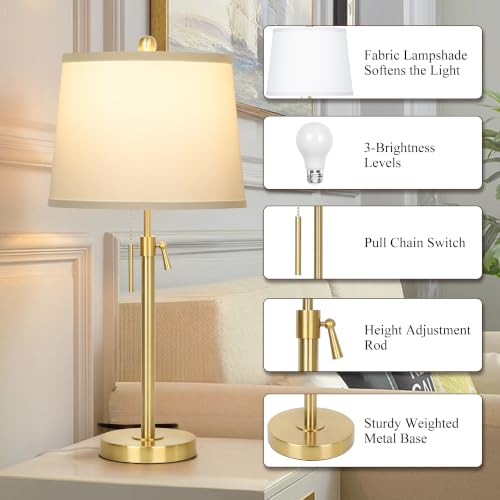 Modern Gold table Lamp 22" to 30"Adjustable Height 3 Brightness Way Brass Nightstand with White Linen Shade Pull Chain Pole Lights for Living Room Guest Bedroom End Table Office