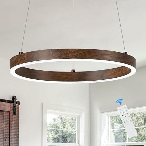 12in LED Ring Chandelier Wood Grain Modern Dimmable Pendant Light