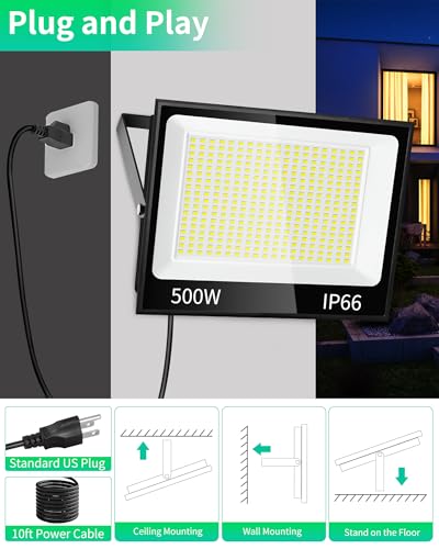 60000LM 500W LED Flood Light Outdoor Plug in (2 Count)