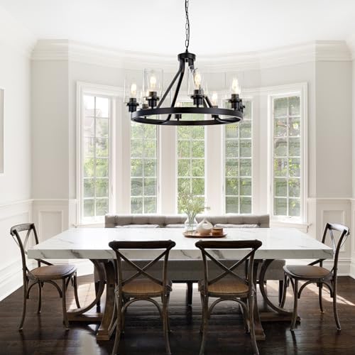 8 Light Black Dining Room Light Fixtures Farmhouse Wagon Wheel Chandelier Kitchen Island Pendant Lights Modern Industrial Rustic Adjustable Height Metal E26