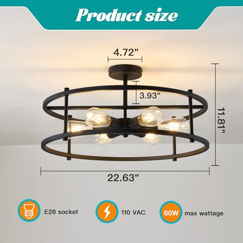 Large Semi Flush Mount Ceiling Light Fixture Black Cage Ceiling Light 6 Light Chandelier for Kitchen Dining Room Entryway Living Room Bedroom Foyer