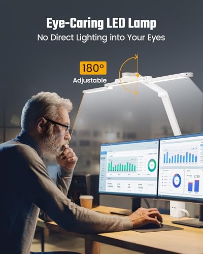 LED Desk Lamp Computer Light with Power Strip with Clamp White