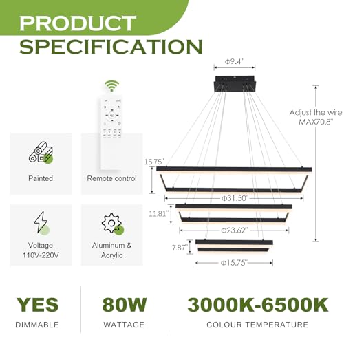 3 Rings Modern LED Chandelier Black 31.5inch Rectangle Dimmable LED Pendant Light with Remote Control 3 Tier Flush Mount High Ceiling Light for Dining Living Room Foyer