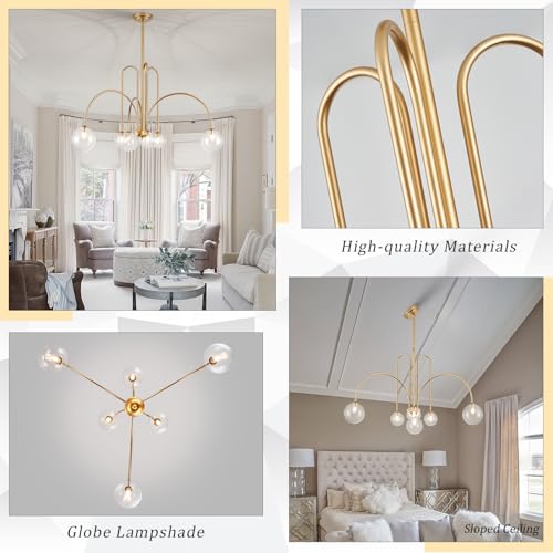 Modern 40" 6 Light Gold Sputnik Chandelier with Clear Glass Globe