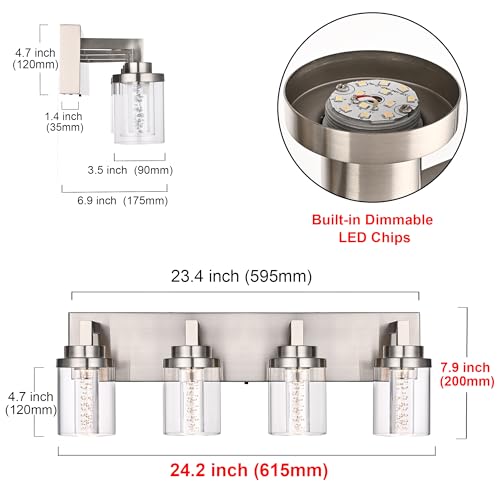 4 Light LED Bathroom Lighting Fixtures Brushed Nickel 3000K