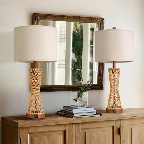 27" Table Lamps Set of 2 with Rattan & Dual Lights (2 Count)