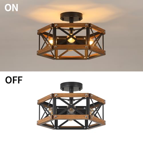 4 Light Rustic Farmhouse Wood Flush Mount Ceiling Light Fixture 14.5 inch Oak Wood and Metal Hexagon Cage Semi Flush Mount Ceiling Light for Hallway Entry Bedroom Kitchen Farmhouse Cabin
