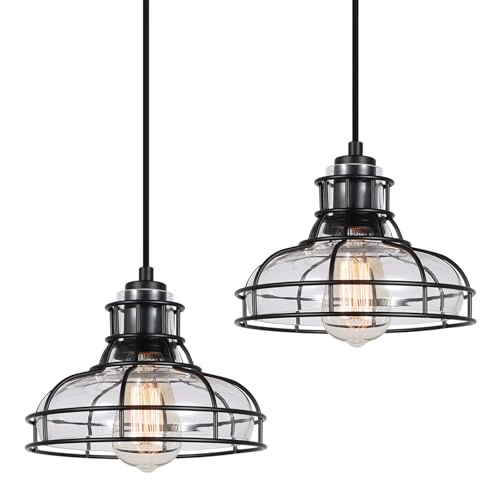 2PK 8.7" Industrial Pendant Lights with Glass Shade & Metal Cage (2 Count)
