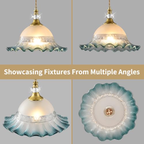 1 Pack Vintage Brushed Gold Crystal Blue Glass Pendant Light Fixture (Golden And Blue / 1-Light)