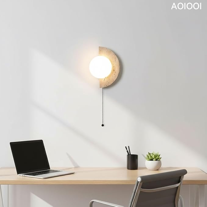 Natural Travertine Stone Wall Sconce, Half Moon LED Wall Light Fixture,Glass Globe and Pull Chain Switch Wall Lamp,Modern Minimalist Lunar Lamp for Bedroom Bedside,Living Room Accent Decor(Left)