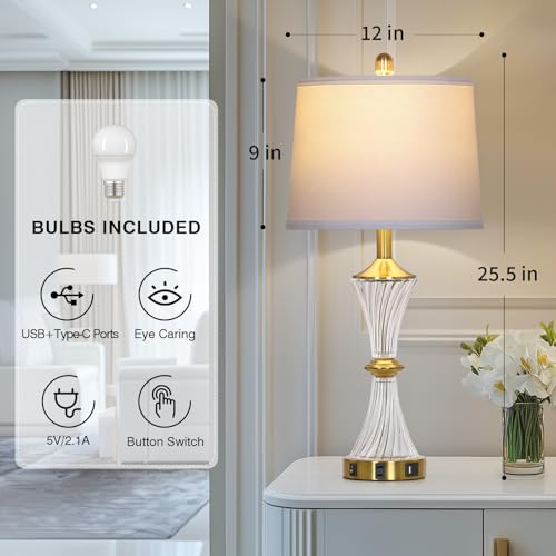 Crystal Glass Table Lamp with USB C+A Ports & AC Outlet