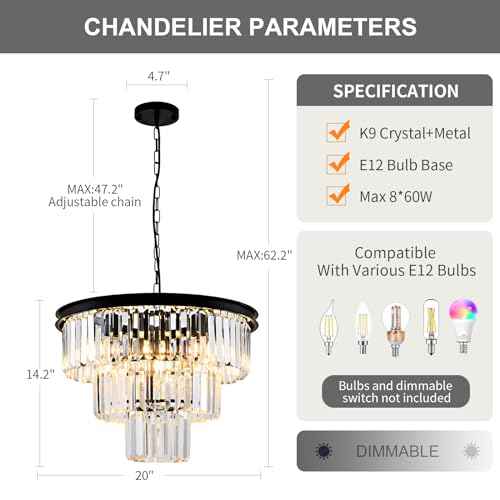 8 Light Modern Crystal Chandelier 20'' Black Chandeliers for Dining Room Contemporary Pendant Light Fixture Round 3-Tier Adjustable Height E12 for Living Room, Foyer, Entryway, Bedroom