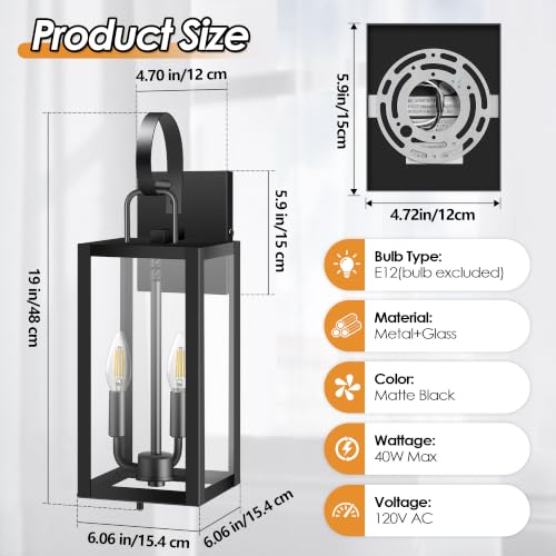 19'' Large Black Outdoor Wall Light Fixtures with Closed Bottom (2 Count)