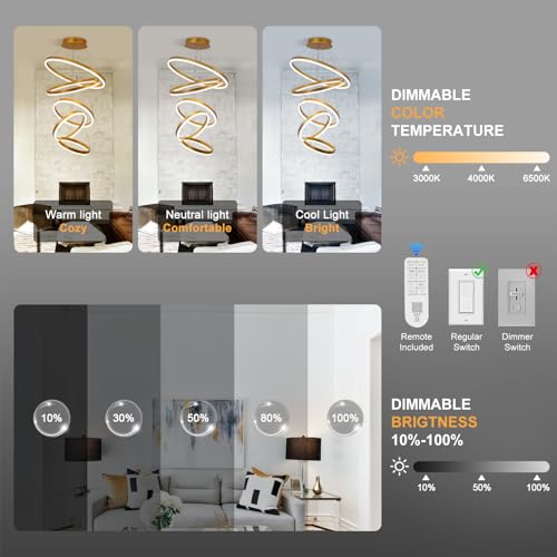 5 Rings Modern LED Chandelier Gold Dimmable High Ceiling Chandelier for Dining Room with Remote Control for Foyer Living Room Entryway Staircase