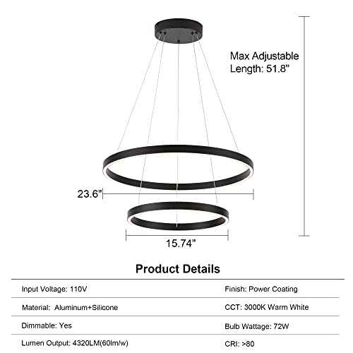 Modern Led Chandelier, 2 Rings Contemporary Chandelier Circular Pendant Light, Black Dimmable Hanging Ceiling Light Fixture for Living Dining Room