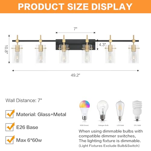 49.2 inch Vanity Light fixtures Vintage 6 Lights Wall Light Fixtures Above Mirror for Bathroom Brass and Black with Clear Glass Shade