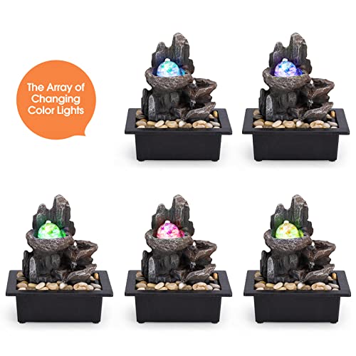 Tabletop Fountain Rotating Ball Rock Waterfall Fountain Office Tabletop Fountains for Home Office Decor Includes Many Natural River Rocks Decorated with Colorful Lights and Rolling Ball