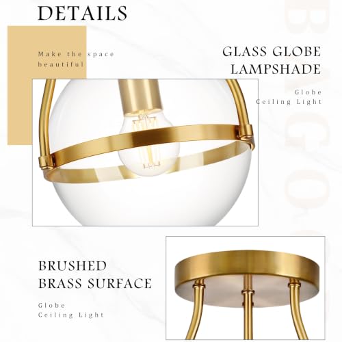 6" Globe Semi Flush Mount Ceiling Light Fixture Modern Gold Semi Flush Mount Ceiling Light Mid Century Ceiling Light with Clear Glass Shade Brass Finish for Hallway Bathroom Foyer