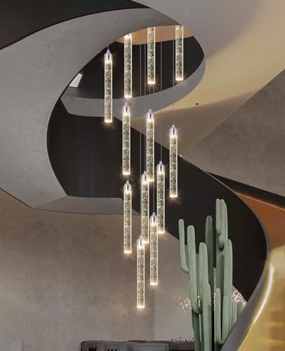 12 Lights Modern Chandeliers for Entryway High Ceiling Chandelier LED Dimmable Long Lights Fixture Pendants Lighting Crystal Chandeliers for Hallway Foyer Living Room Silver Finished Lighting