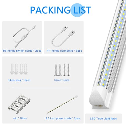 8FT LED Shop Light 100W 15000LM 5000K ETL Certified 4 (4 Count)