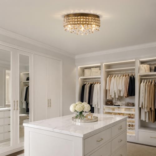 Antique Crystal Flush Ceiling Light (Antique Brass)