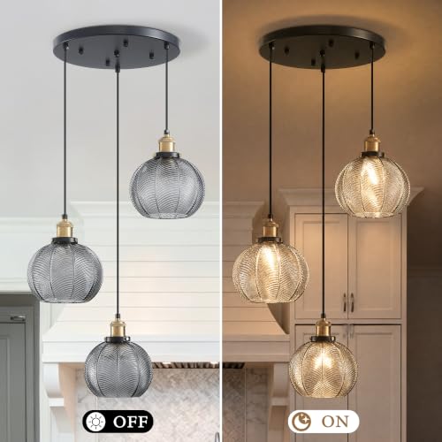 3 Light Modern Smoky Gray Striped Glass Cluster Pendant Light