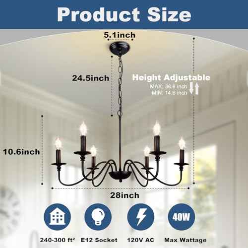 Depuley Farmhouse Chandelier for Dining Room: 6-Light Black Industrial Kitchen Island Pendant Light Fixture - Rustic Candle Chandeliers Vintage Modern Hanging Ceiling Lamp for Bedroom Foyer