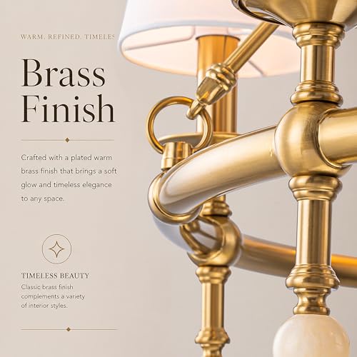 6 Light W34 Inch Warm Brass Statement Chandelier with White Pleated Fabric Shades and Alabaster Finials Large Round Designer Lighting for Dining Room Living Room