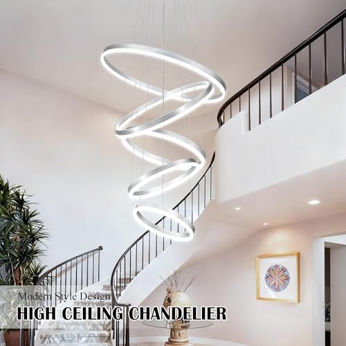 5 Rings Pendant Lights Modern Nickel Led Chandelier Nickel Modern Led Pendant Light Dimmable Height Adjustable Chandeliers for Dining Room Bedroom Entryway Living Room Foyer