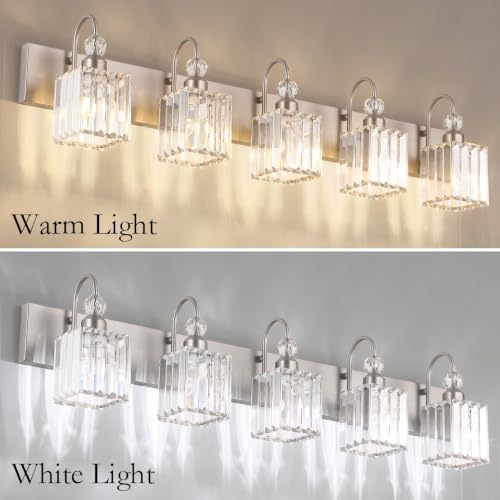 Brushed Nickel Bathroom Vanity Light Crystal Modern 5 Light Bathroom Wall Lighting Fixtures Over Mirror