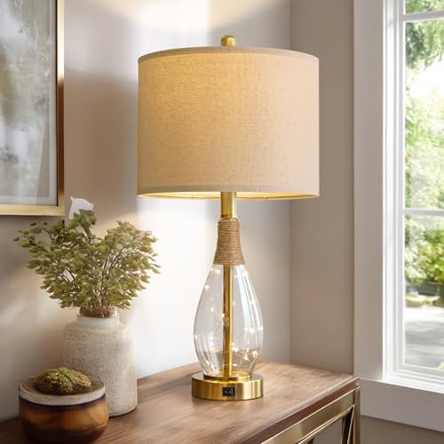 23" Table Lamps for Living Room Set of 2 Bedside Lamps for Night Stands Bedroom Lamps Farmhouse Rattan Boho Lamp Glass Nightlight End Table Lamp with USB C+A (2 Count)