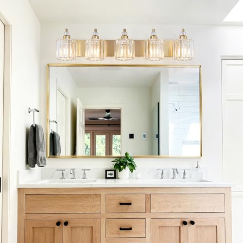 5 Light Modern Vanity Lights Brushed Brass Bathroom Light Fixtures Over Mirror Gold Bathroom Vanity Lighting with Crystal Shade E26 Base Wall Sconce for Bedroom Living Room Restroom Wall Lamp