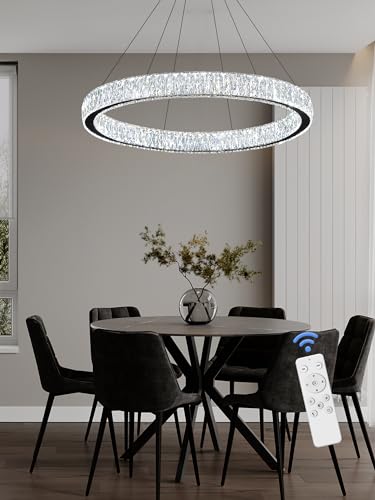 Modern LED Dimmable Crystal Chandelier 31.5" Ring Pendant Light Adjustable Black Round Crystal Chandelier Light Fixtures for Dining Room Living Room