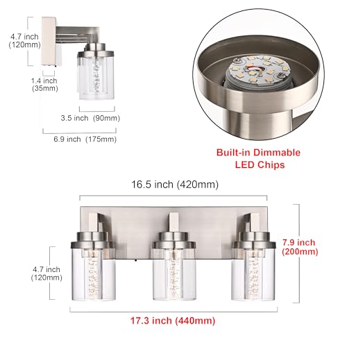 3 Light Modern LED Bathroom Vanity Light Bar Brushed Nickel