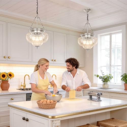 3 Light Brushed Nickel Pendant Light Fixtures with 12In Unique Thickened Glass