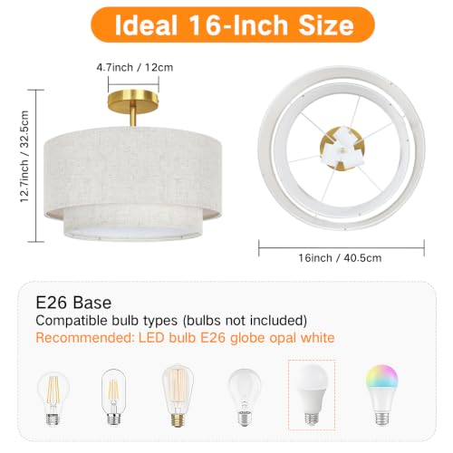 16" Semi Flush Mount Ceiling Light Double Drum Gold 3 (Gold)