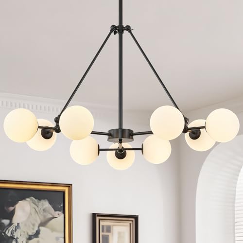 Modern 40" 9 Light Black Sputnik Chandelier with Milk Glass Globe