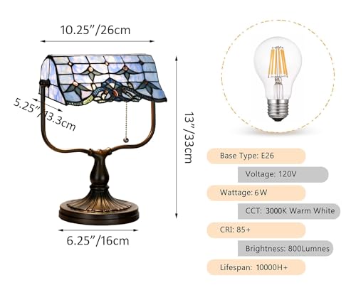 TL0031 Tiffany Banker Desk Lamp Stained Glass Blue Baroque Shade with Vintage Bronze Base W10.25 X OH13 Inch. Perfect for Piano Kitchen Beside Table