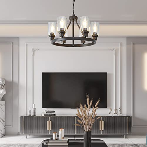 Farmhouse Chandelier Lighting Round 6 Lights Oil Rubbed Bronze with Glass Shade Ceiling Hanging Vintage Rustic Light Fixture for Dining Room Living Room Foyer Porch Kitchen Island