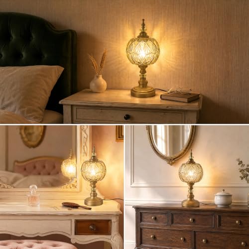 Vintage Amber Glass Table Lamps Brass Metal Desk Lamp Lampshade 8.3inch Table Light with Plug Switch for Bedroom Living Room Dressing Room