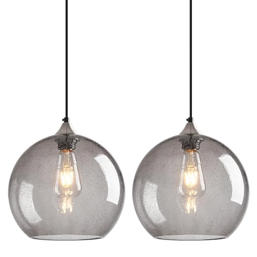 Light Grey Glass Pendant Lights Kitchen Island Globe Pendant Light Fixtures Modern Pendant Lighting for Bedroom Living Dining Room Light Fixture (2 Count)