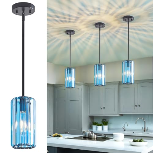 Modern Crystal Pendant Light Mini Light Blue Chandeliers Adjustable Pendant Lights Fixture for Kitchen Island Dinning Room Corridor Bedroom (3 Count)
