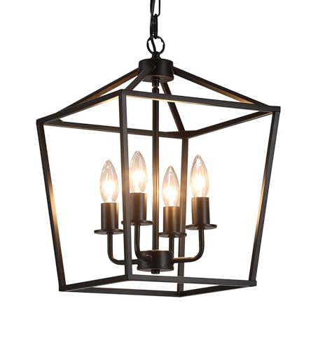 UL Listed Black Industrial 4 Light Lantern Chandelier Ceiling Light Fixtures Farmhouse Metal Cage Rustic Geometric Pendant Light for Kitchen Island Entryway Dining Room Stairs and Hallway