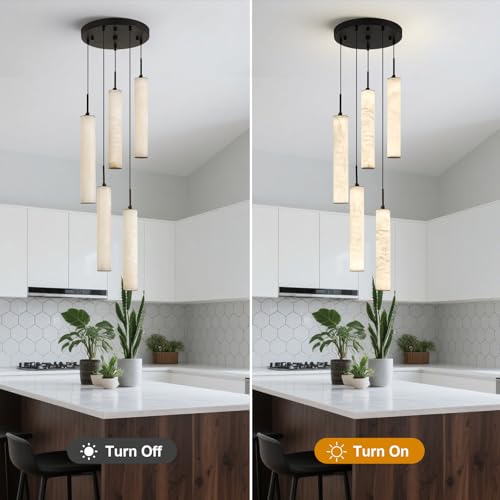 Natural Alabaster Pendant Lights for Kitchen Island White Marble Long Tube Chandelier 4000K Modern Black Ceiling Light Fixtures for Bedroom Dining Room Table Living Room Hallway