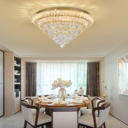 24" Gold Crystal Flush Mount Chandelier Modern LED Ceiling Light Fixture