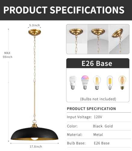 2 Pack 17.8" Black Gold Dome Metal Pendant Lights Kitchen Island