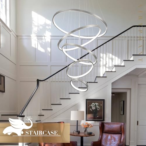 5 Rings Brushed Nickel Ring Chandeliers Moedrn LED Chandeliers Dimmable Foyer Chandelier for High Ceiling Dimmable Contemporary Nickel Chandelier for Living Room Staircase Entryway