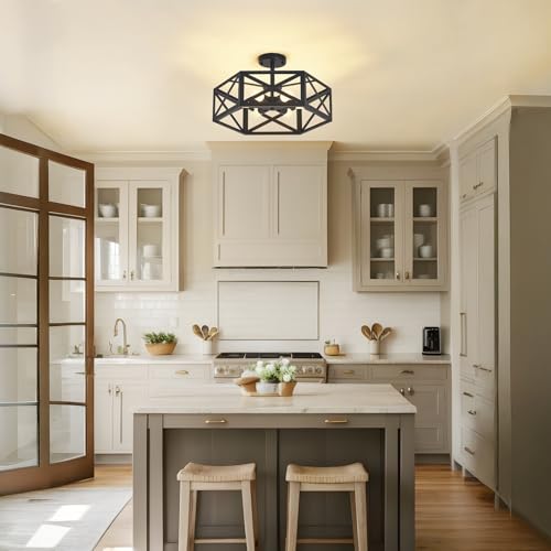 30W Semi Flush Mount Ceiling Light with Remote 19.7" Hexagon Black