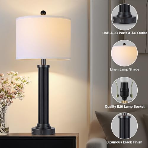 28" Tall Modern Table Lamps with USB C+A Ports and AC Outlet